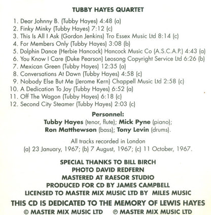 Tubby Hayes Quartet : For Members Only (CD, Album)