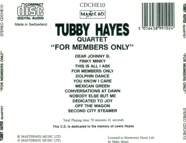 Tubby Hayes Quartet : For Members Only (CD, Album)