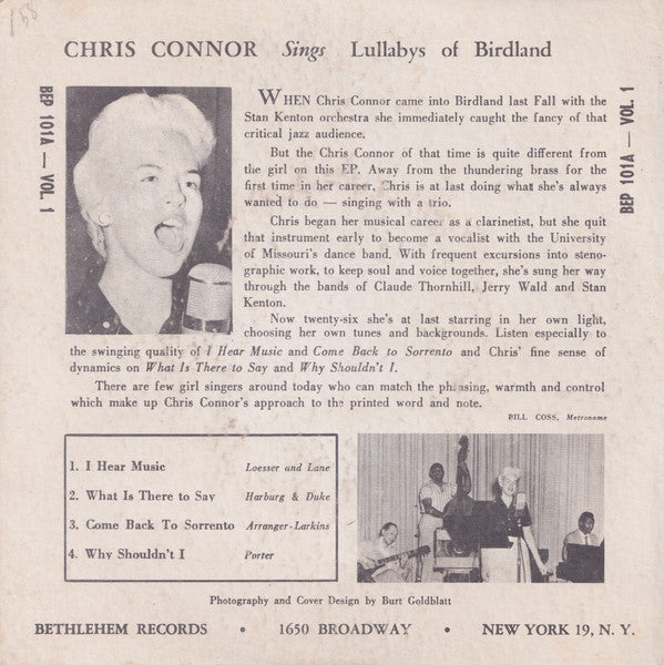 Chris Connor : Sings Lullabys Of Birdland (Vol. 1) (7", EP)