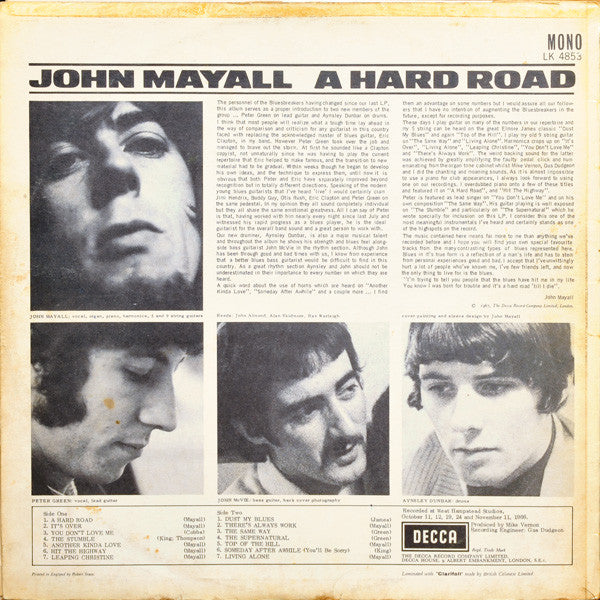 John Mayall And The Bluesbreakers* : A Hard Road (LP, Album, Mono, Gro)