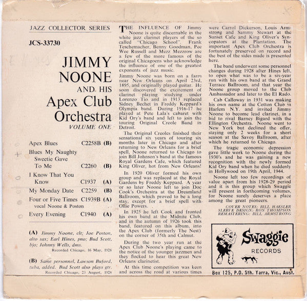 Jimmie Noone's Apex Club Orchestra : Jimmy Noone And His Apex Club Orchestra Vol. One (7", EP)