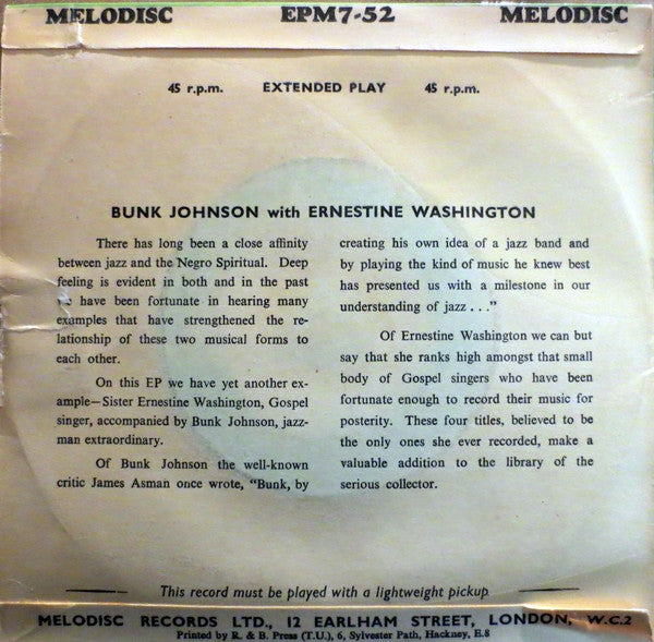 Bunk Johnson With Ernestine Washington : Where Could I Go / God's Amazing Grace / Does Jesus Care / The Lord Will Make A Way Somehow (7", EP)