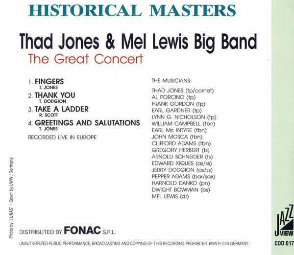 Thad Jones / Mel Lewis Orchestra : The Great Concert (CD, Album, Ltd, Num, RE, Unofficial)