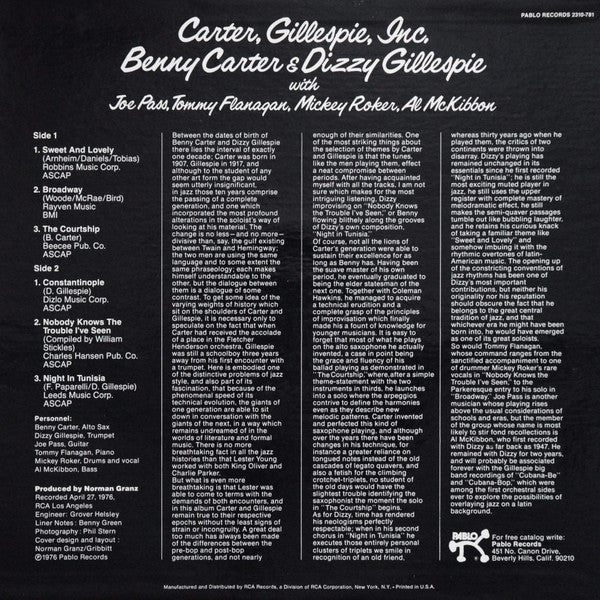 Benny Carter & Dizzy Gillespie : Carter, Gillespie, Inc. (LP, Album)