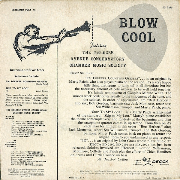 The Melrose Avenue Conservatory Chamber Music Society : Blow Cool (7", EP, Mono)