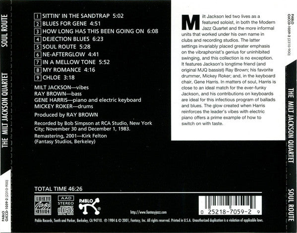 The Milt Jackson Quartet : Soul Route (CD, Album, RE, RM)