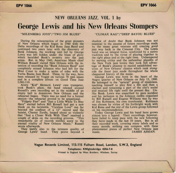 George Lewis And His New Orleans Stompers : New Orleans Jazz, Vol 1 (7", EP, RP)