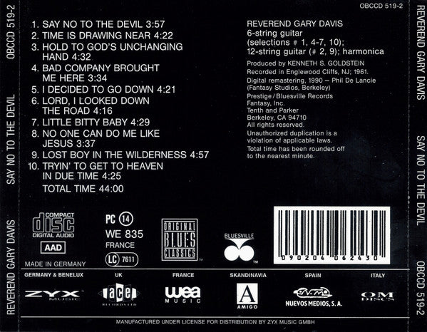 Reverend Gary Davis* : Say No To The Devil (CD, Album, RE, RM)
