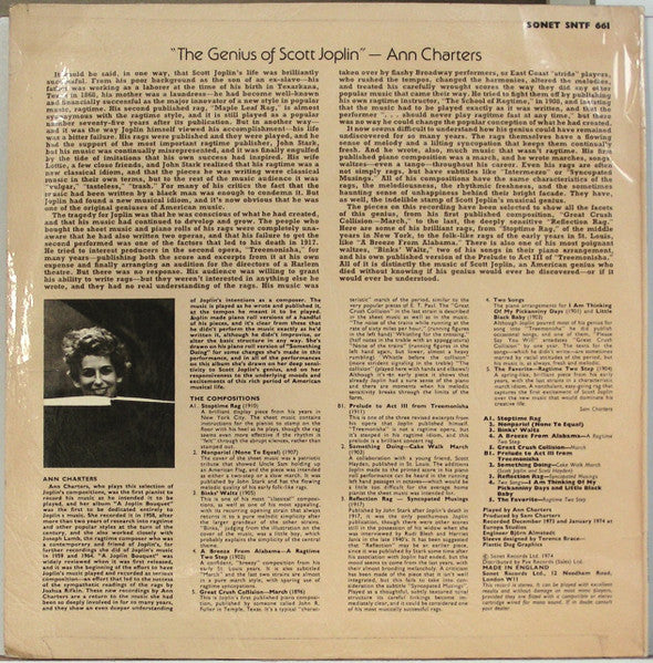 Scott Joplin Played By Ann Charters : The Genius Of Scott Joplin (LP)