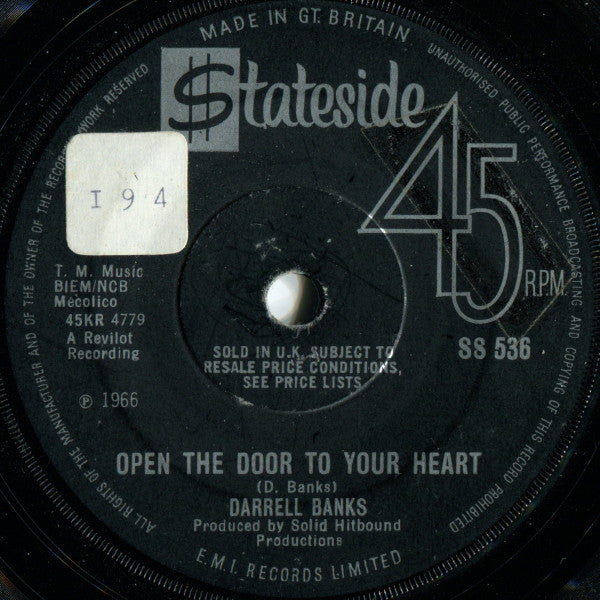 Darrell Banks : Open The Door To Your Heart  (7", Single, Sol)