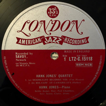 Hank Jones Trio Plus The Flute Of Bobby Jaspar : Hank Jones' Quartet (LP, Mono)