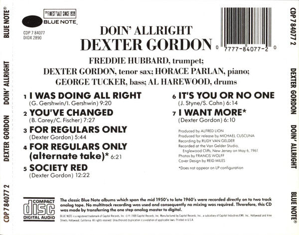 Dexter Gordon : Doin' Allright (CD, Album, RE)