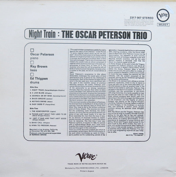 The Oscar Peterson Trio : Night Train (LP, Album, RE)