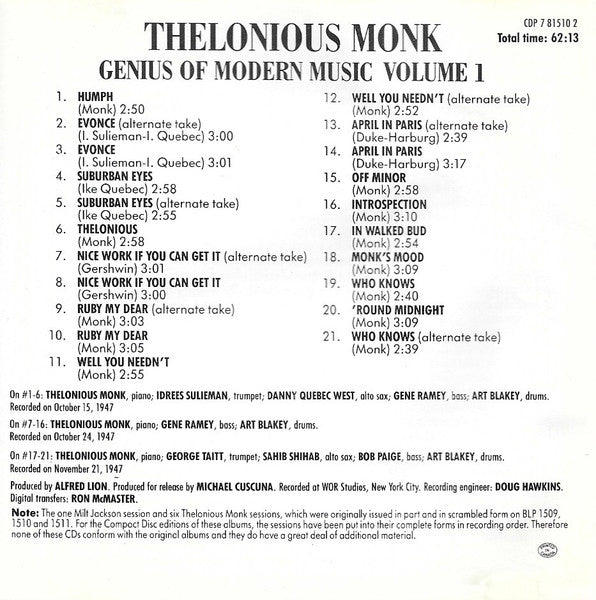Thelonious Monk : Genius Of Modern Music Volume 1 (CD, Comp, RE)