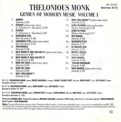 Thelonious Monk : Genius Of Modern Music Volume 1 (CD, Comp, RE)