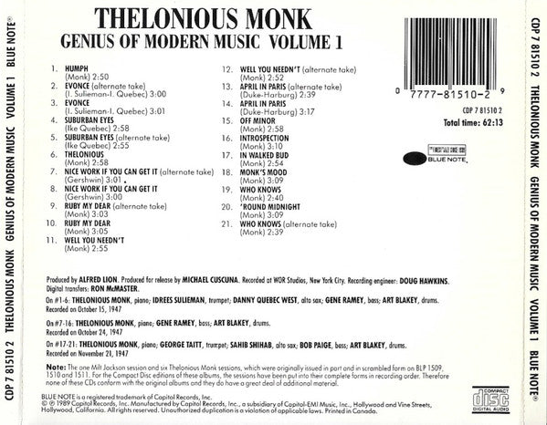 Thelonious Monk : Genius Of Modern Music Volume 1 (CD, Comp, RE)