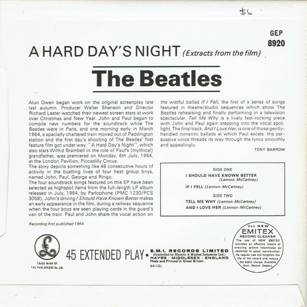 The Beatles : Extracts From The Film A Hard Day's Night (7", EP, Mono, RP, Sol)