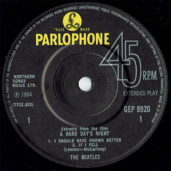 The Beatles : Extracts From The Film A Hard Day's Night (7", EP, Mono, RP, Sol)