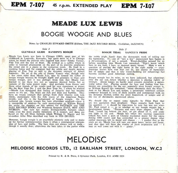 Meade "Lux" Lewis : Boogie Woogie And Blues (7", EP)