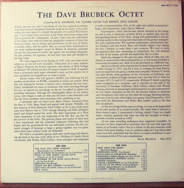 The Dave Brubeck Octet : Dave Brubeck Octet (LP, Album, RE)