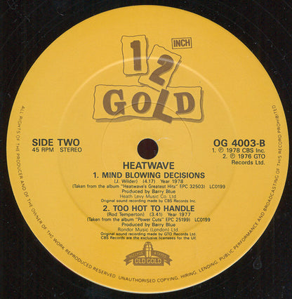 Heatwave : Gangsters Of The Groove / The Groove Line / Mind Blowing Decisions / Too Hot To Handle (12")