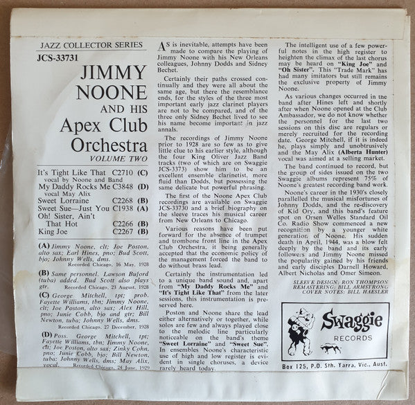 Jimmie Noone's Apex Club Orchestra : Jimmie Noone And HIs Apex Club Orchestra Volume Two (7", EP)