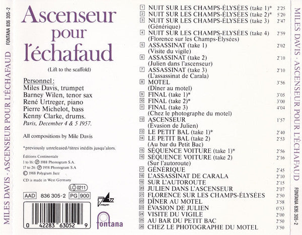 Miles Davis : Ascenseur Pour L'Échafaud (Lift To The Scaffold) (CD, Album, RE)