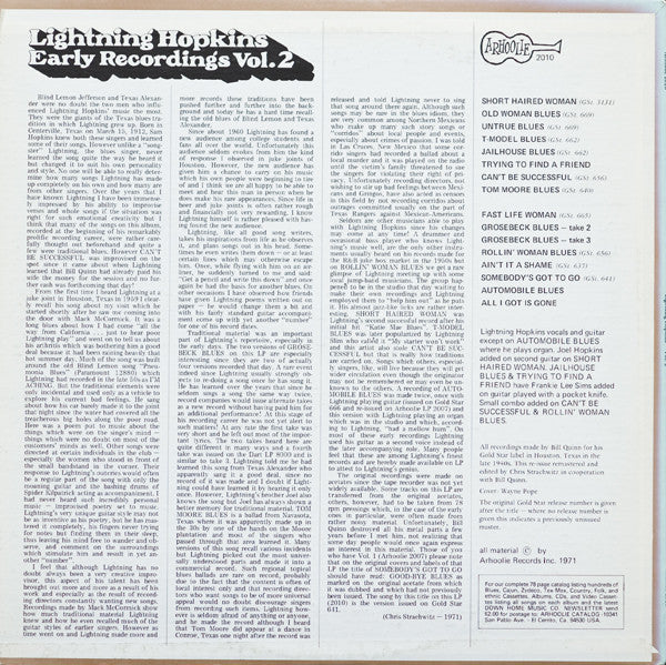 Lightning Hopkins* : Early Recordings Vol. 2 (LP, Comp, RE)