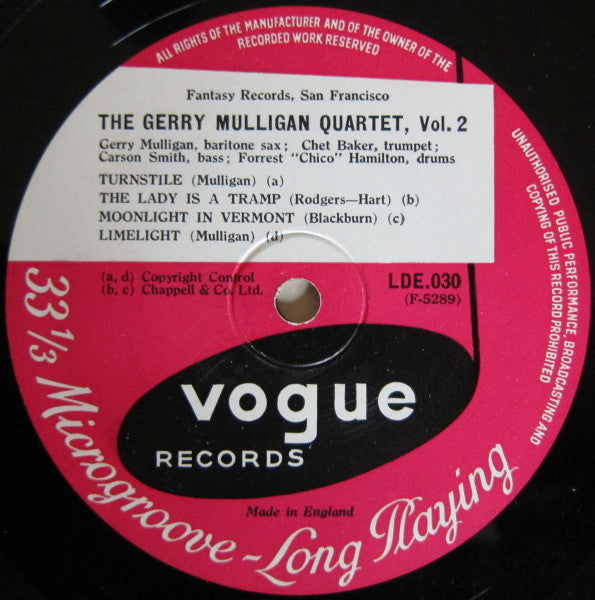 Gerry Mulligan Quartet : Volume 2 (10")