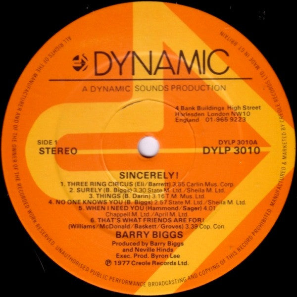 Barry Biggs : Sincerely! (LP, Album)