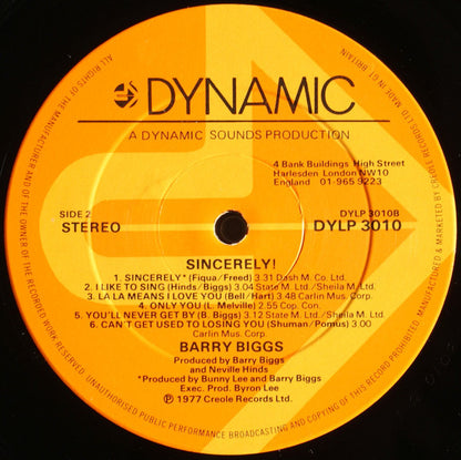 Barry Biggs : Sincerely! (LP, Album)