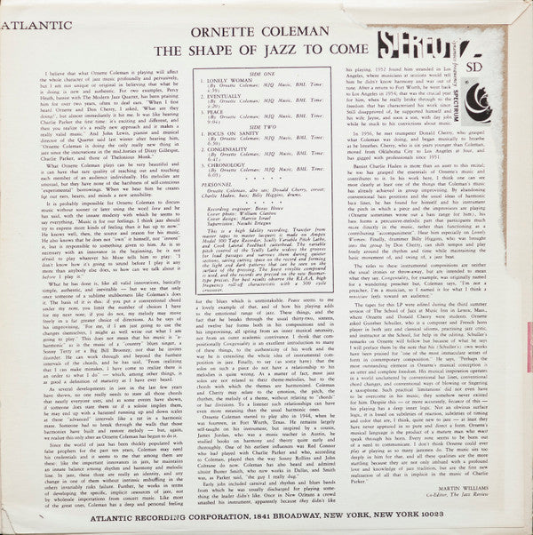 Ornette Coleman : The Shape Of Jazz To Come (LP, Album, RE, Pre)