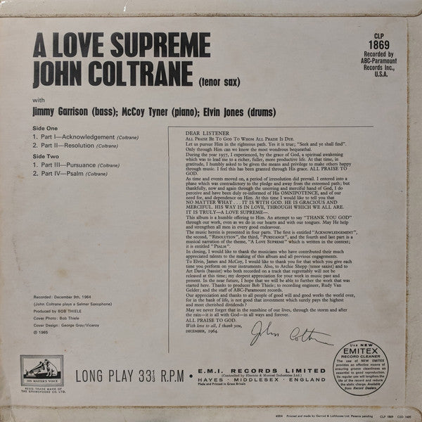 John Coltrane : A Love Supreme (LP, Album, Mono)