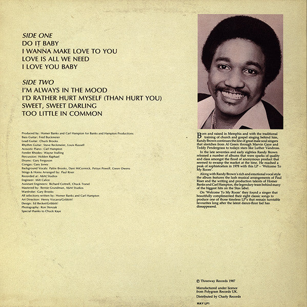Randy Brown (2) : Welcome To My Room (LP, Album, RE)