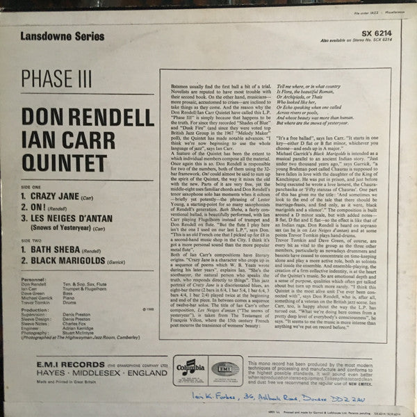 The Don Rendell / Ian Carr Quintet : Phase III (LP, Album, Mono)