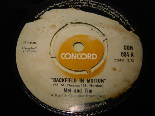 Mel & Tim : Backfield In Motion (7", Single)