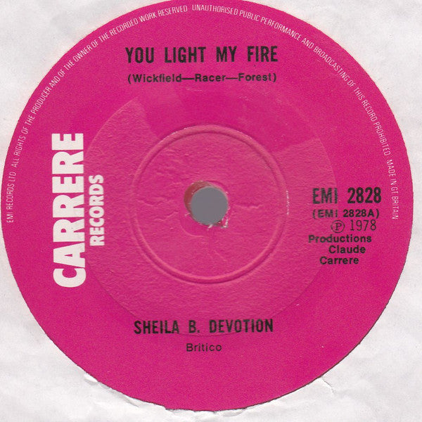 Sheila & B. Devotion : You Light My Fire (7", Single, Red)