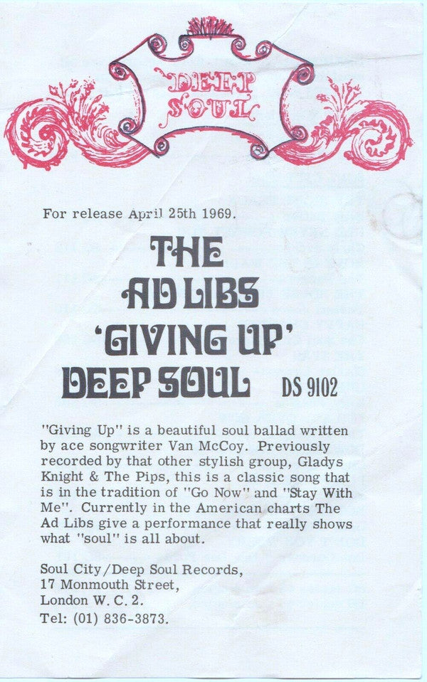 The Ad Libs : Giving Up (7", Single)