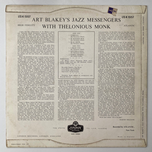 Art Blakey & The Jazz Messengers : Art Blakey's Jazz Messengers With Thelonious Monk (LP, Album, Mono)