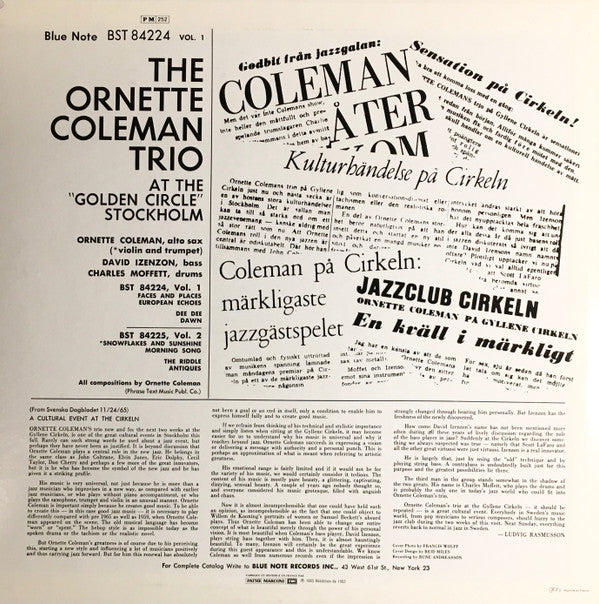 The Ornette Coleman Trio : At The "Golden Circle" Stockholm (Volume One) (LP, Album, RE)