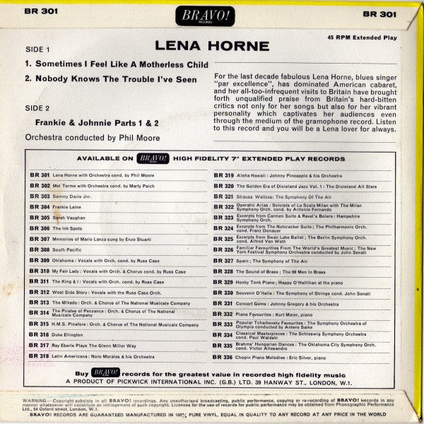 Lena Horne : Sometimes I Feel Like A Motherless Child (7", EP)