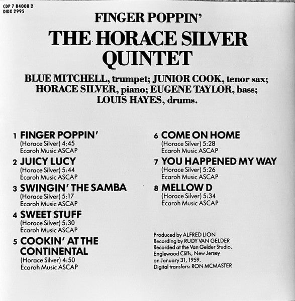 The Horace Silver Quintet : Finger Poppin' With The Horace Silver Quintet (CD, Album, RE)