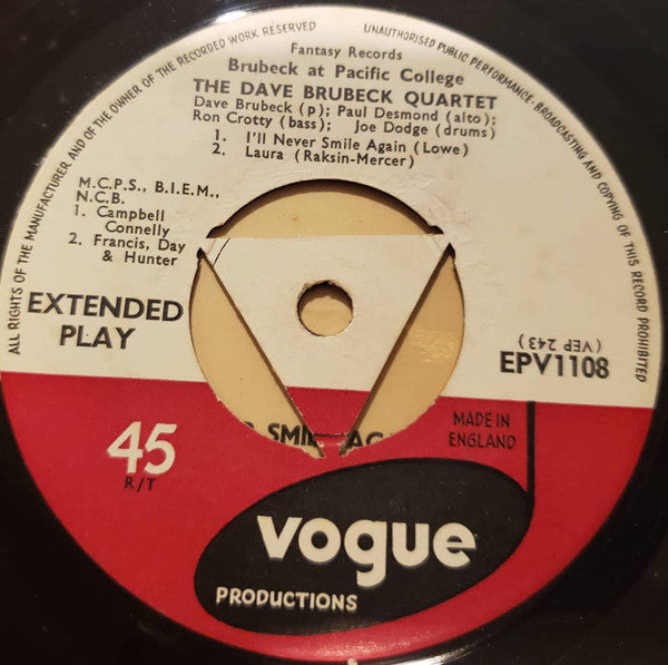 The Dave Brubeck Quartet : At Pacific College (7", EP, Mono)