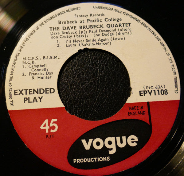 The Dave Brubeck Quartet : At Pacific College (7", EP, Mono)