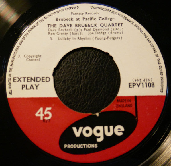 The Dave Brubeck Quartet : At Pacific College (7", EP, Mono)