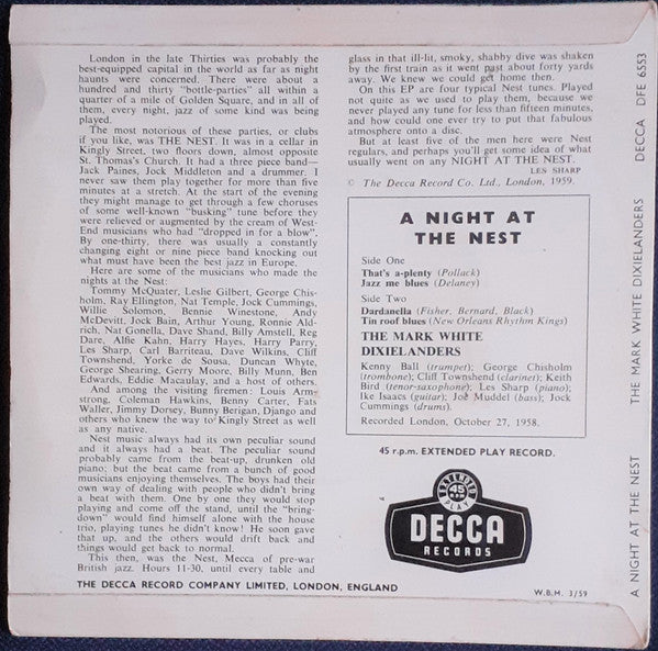 The Mark White Dixielanders : A Night At The Nest (7", EP)