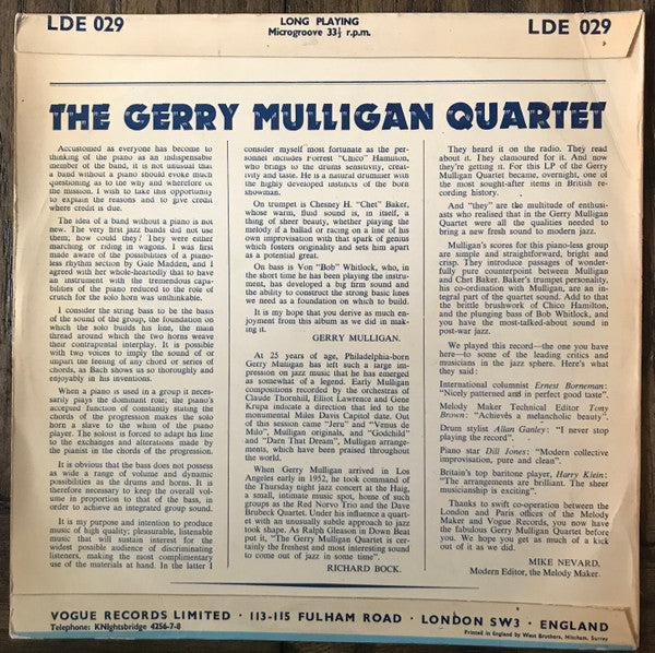 Gerry Mulligan Quartet : Volume 1 (10", RP)