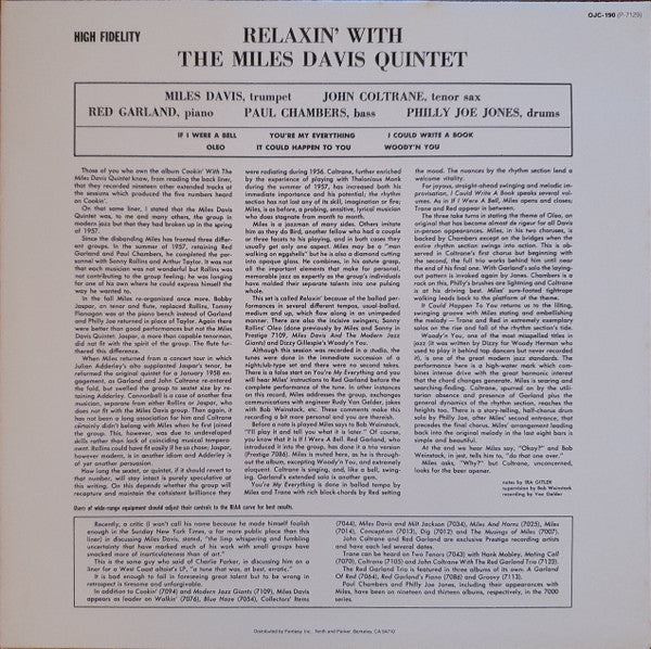 The Miles Davis Quintet : Relaxin' With The Miles Davis Quintet (LP, Album, Mono, RE)