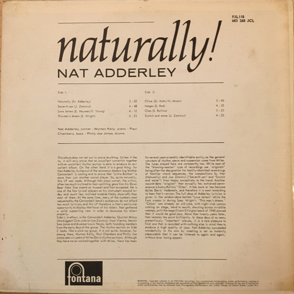 Nat Adderley : Naturally! (LP, Album, Mono, RE)