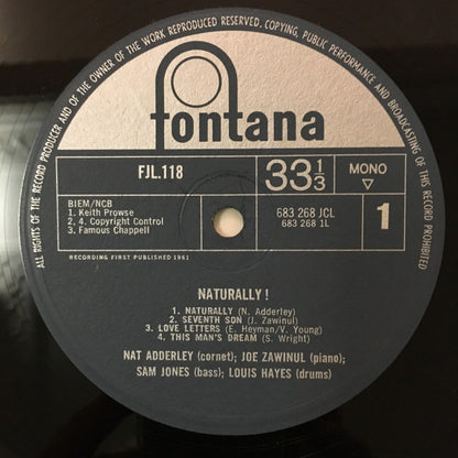 Nat Adderley : Naturally! (LP, Album, Mono, RE)